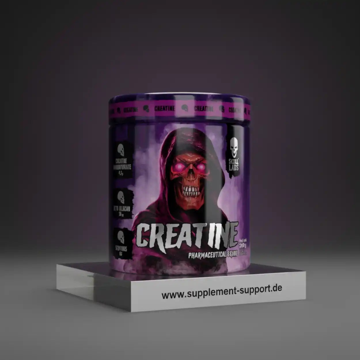 Kreatin Pulver Dose mit Totenkopf-Design in lila, Nahrungsergänzung für Sportler