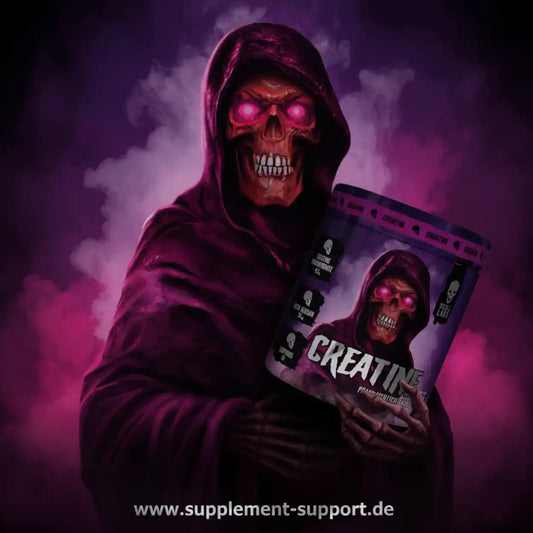 Kreatin Pulver Dose mit Totenkopf-Design, düsterer Hintergrund, Sportnahrung Supplement
