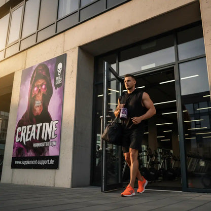 Sportlicher Mann mit Creatine-Pulver verlässt Fitnessstudio, großes Creatine-Poster an Wand