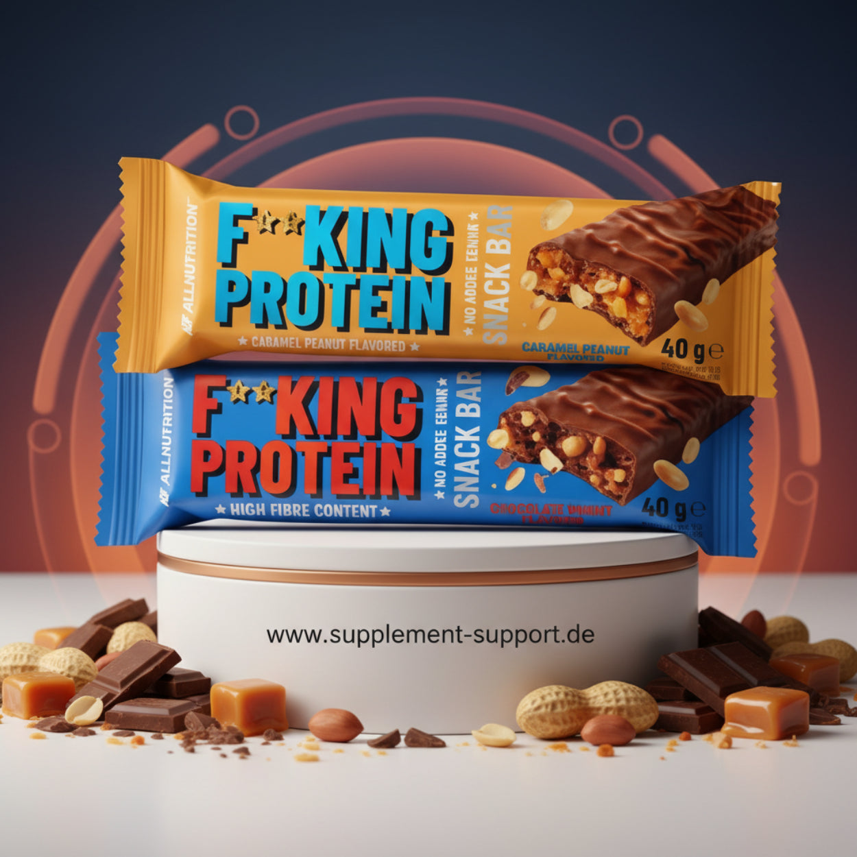 F**KING PROTEIN Snack Bar in Karamell-Erdnuss- und Schokoladen-Minze-Geschmack, 40g, hoher Ballaststoffgehalt