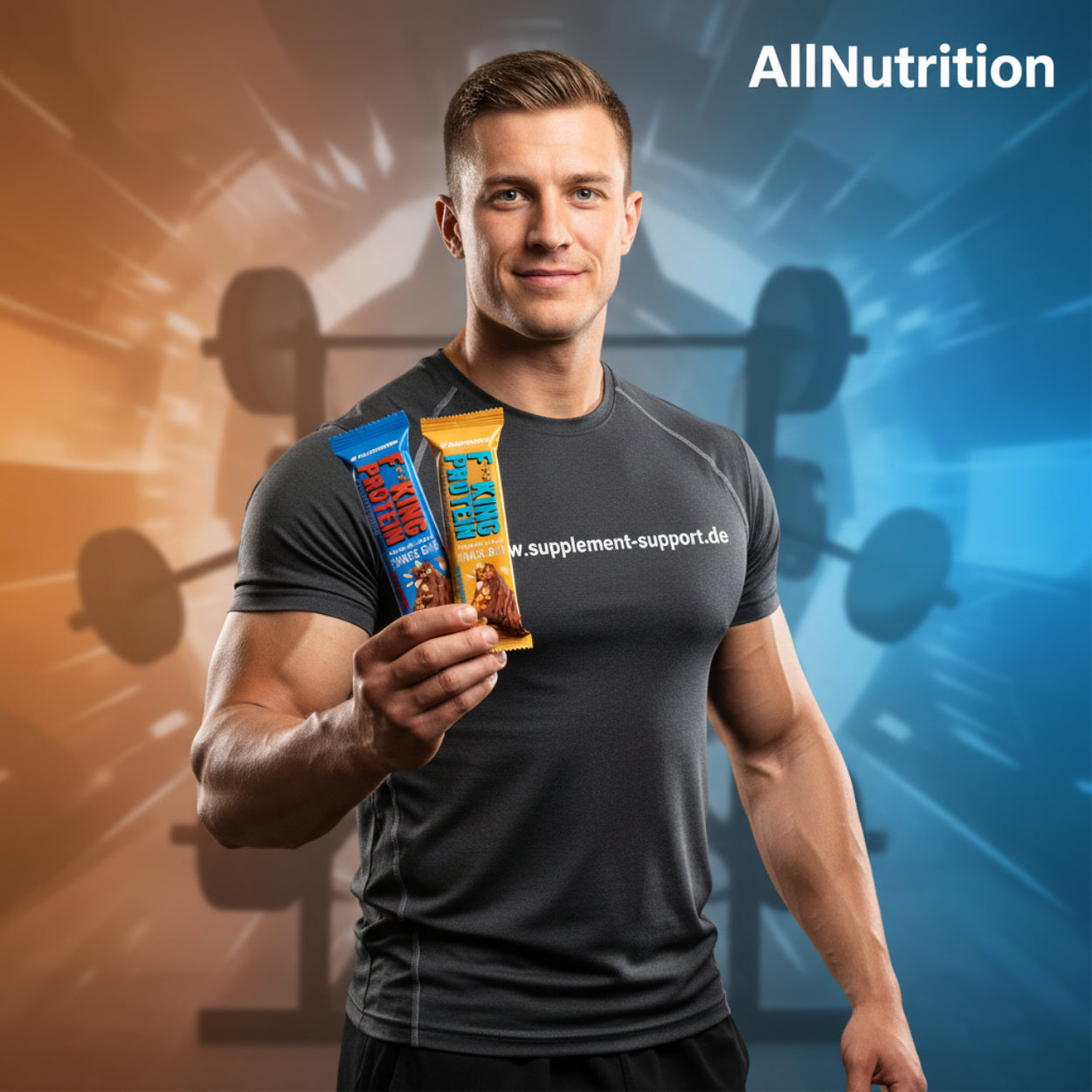 Muskulöser Mann mit Proteinriegeln von AllNutrition, ideal für Sport und Fitness