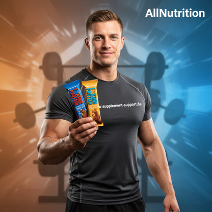 Muskulöser Mann mit Proteinriegeln von AllNutrition, ideal für Sport und Fitness