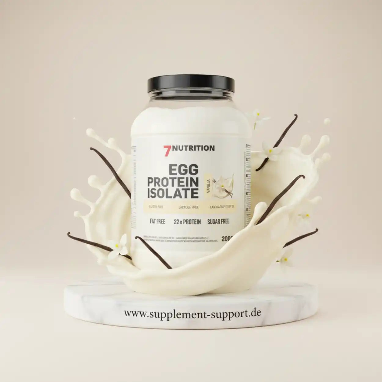 Eiweißpulver Vanille von 7Nutrition, fettfrei, zuckerfrei, 22g Protein pro Portion