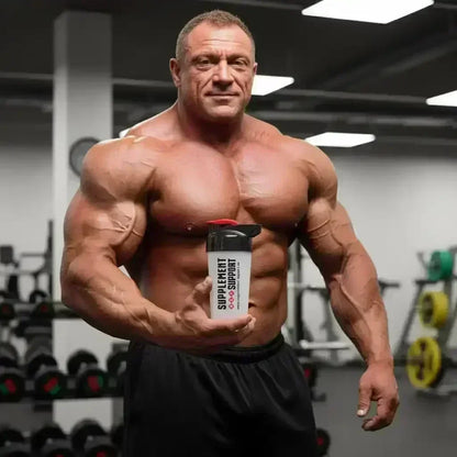 Bodybuilder im Fitnessstudio mit SUPPLEMENT SUPPORT Shaker Pro 700ml, Hantelbereich