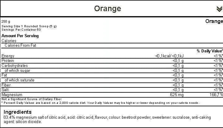 Etikett von GN Magnesium Citrat Pulver 250g mit Nährwerttabelle und Zutaten, Geschmack Orange