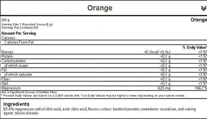 Etikett von GN Magnesium Citrat Pulver 250g mit Nährwerttabelle und Zutaten, Geschmack Orange