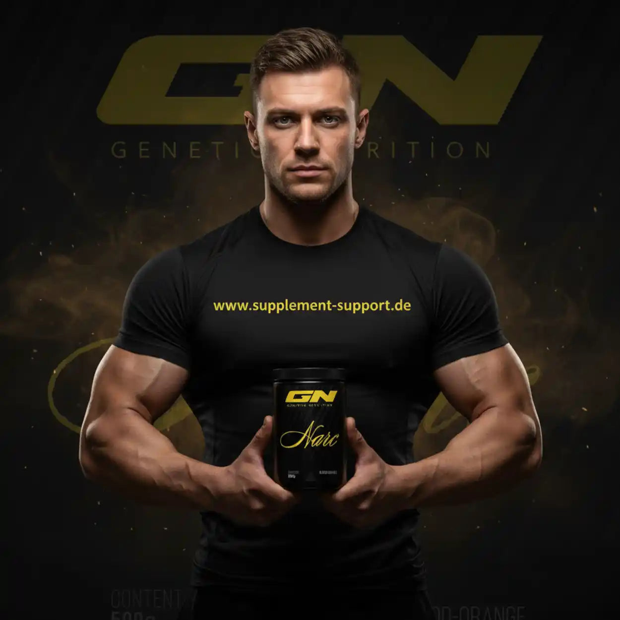 Muskulöser Mann mit GN Narc Booster von Genetic Nutrition – Sportnahrung & Nahrungsergänzungsmittel