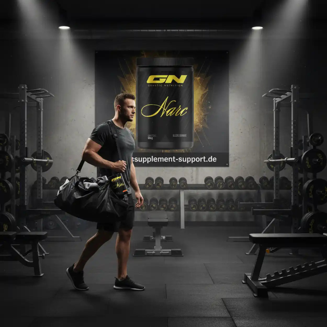 Muskulöser Mann mit Trainingsbag im Fitnessstudio vor GN Narc Supplement-Produkt
