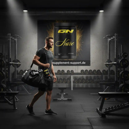 Muskulöser Mann mit Trainingsbag im Fitnessstudio vor GN Narc Supplement-Produkt