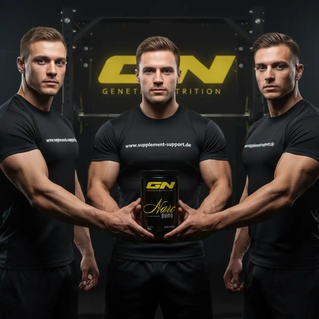 Muskelstarke Männer präsentieren GN Narc Pump Nahrungsergänzungsmittel für Fitness und Krafttraining