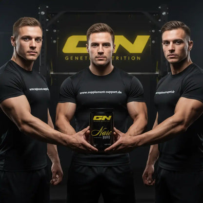 Muskelstarke Männer präsentieren GN Narc Pump Nahrungsergänzungsmittel für Fitness und Krafttraining