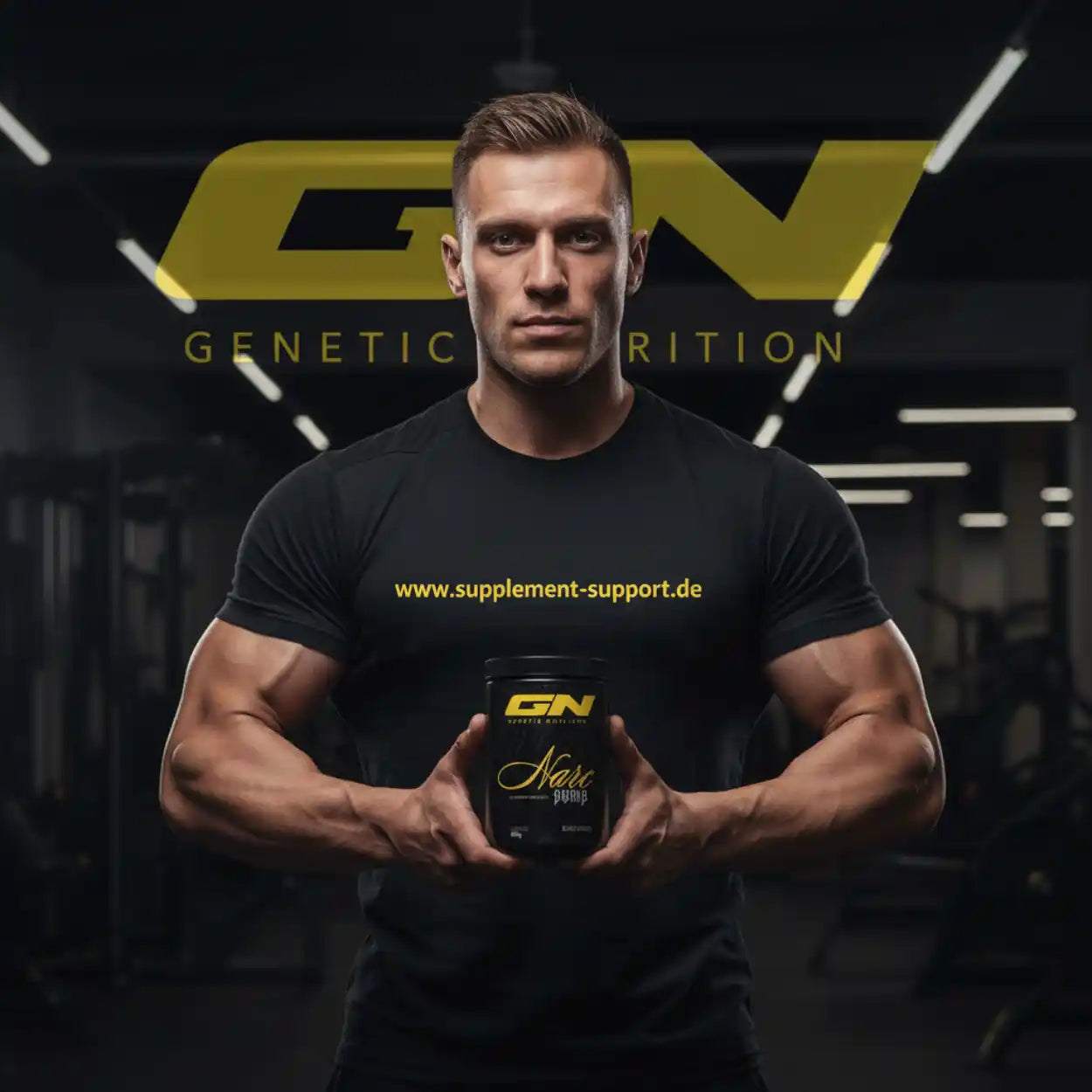 Muskulöser Mann mit GN Nahrungsergänzungsmittel im Fitnessstudio
