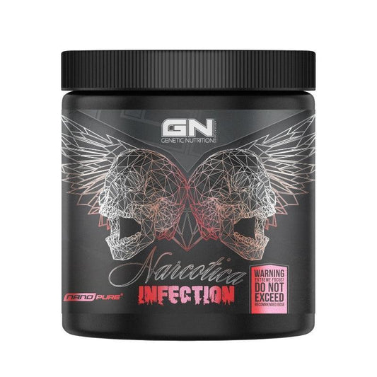 GN Narcotica Infection Pre-Workout Dose, schwarzer Behälter mit Totenschädel Grafik