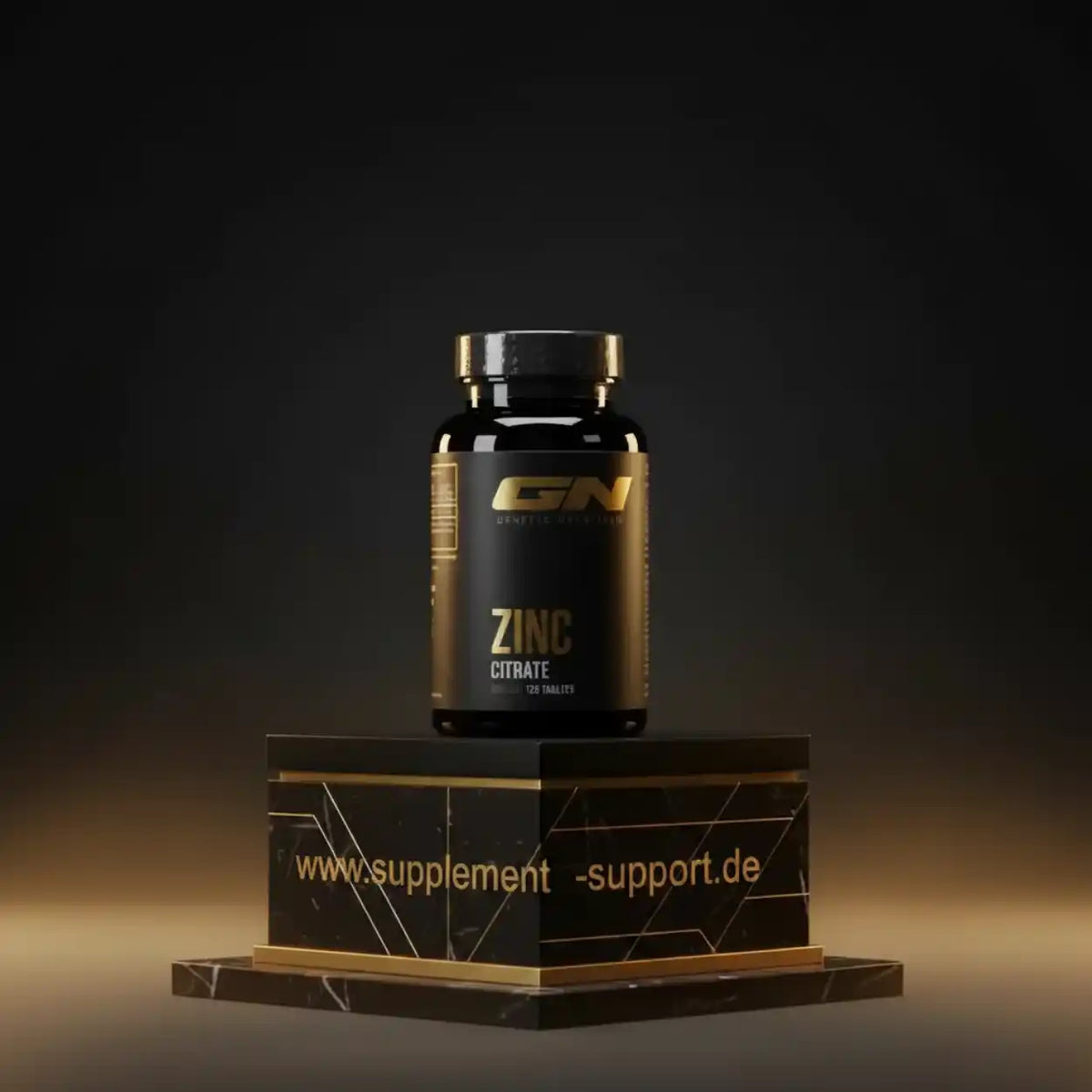 Schwarze Dose GN Zinc Citrate Nahrungsergänzungsmittel auf einem Marmorsockel