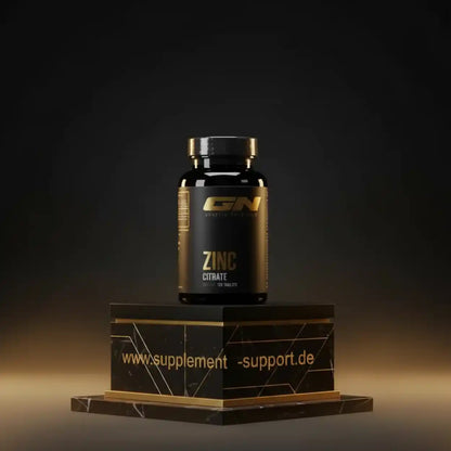 Schwarze Dose GN Zinc Citrate Nahrungsergänzungsmittel auf einem Marmorsockel
