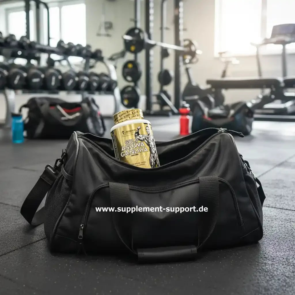 Gold Ashwagandha Nahrungsergänzungsmittel in Sporttasche im Fitnessstudio, ideal für Sportler und Training