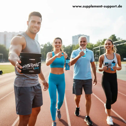 Mann mit Protein-Pulver auf Laufbahn, Sportler mit Nahrungsergänzungsmitteln für Fitness und Training