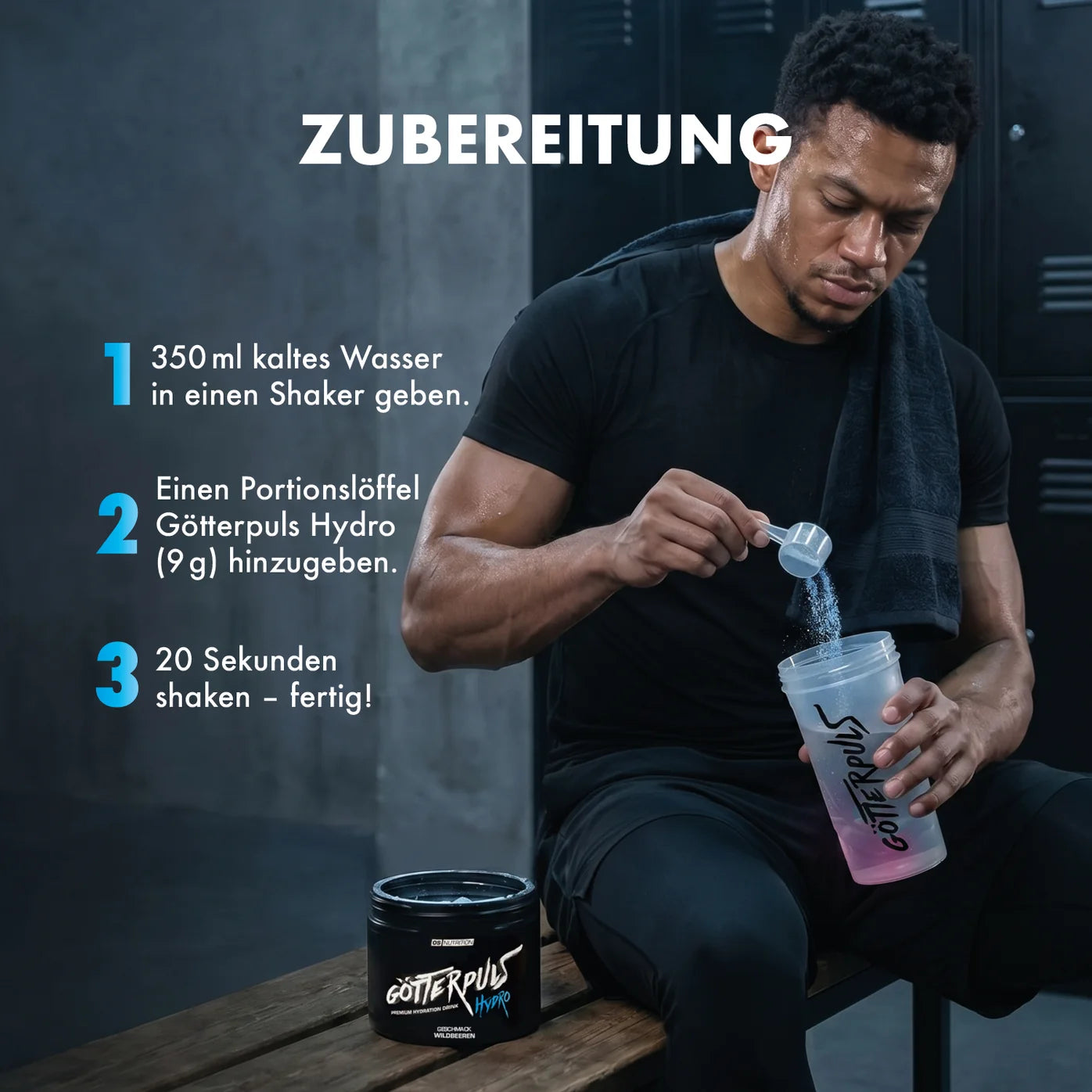Mann bereitet Göttpuls Hydro Sportgetränk mit Shaker vor, ideal für Fitness und Training