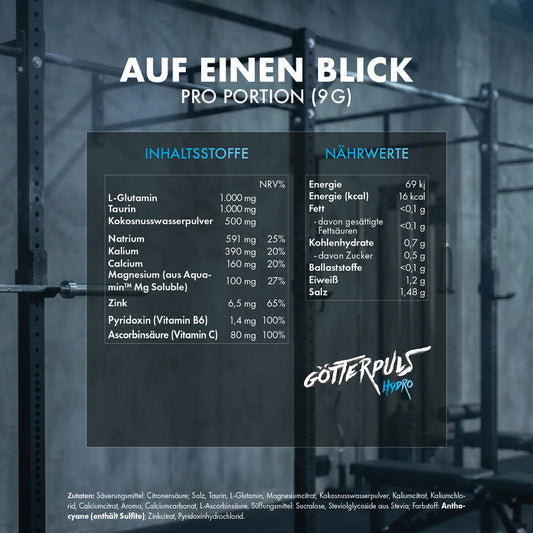 Götterpuls Hydro Nährwerttabelle mit L-Glutamin, Taurin, Vitaminen & Mineralstoffen pro Portion (9g) im Fitnessstudio