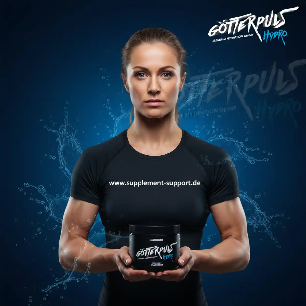 Frau hält GÖTTERPULS HYDRO Premium Hydration Drink, ideal für Sport und Fitness