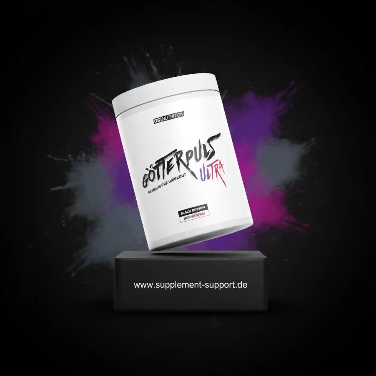 Götterpuls Ultra Pre-Workout Booster Black Edition, koffeinfrei Dose vor buntem Splash