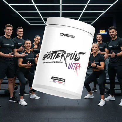Gruppe sportlicher Menschen im Fitnessstudio mit Götterpuls Ultra Pre-Workout Koffeinfrei Dose