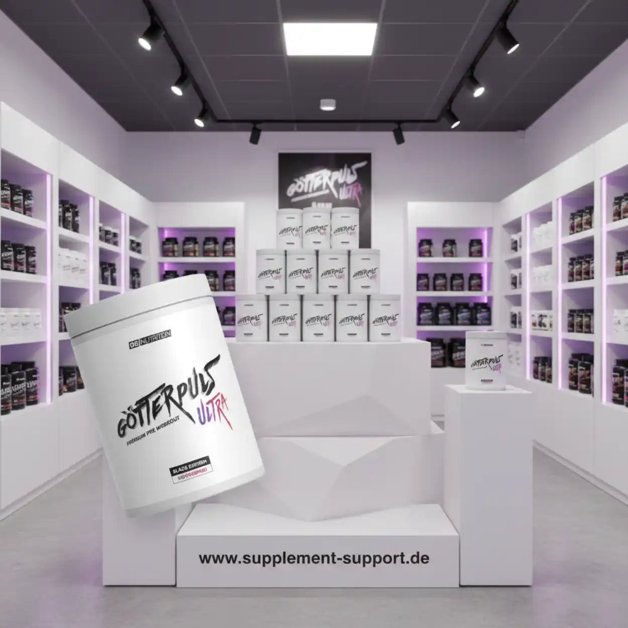 Regalwand mit Götterpuls Ultra Nahrungsergänzungsmittel im modernen Fitness-Shop
