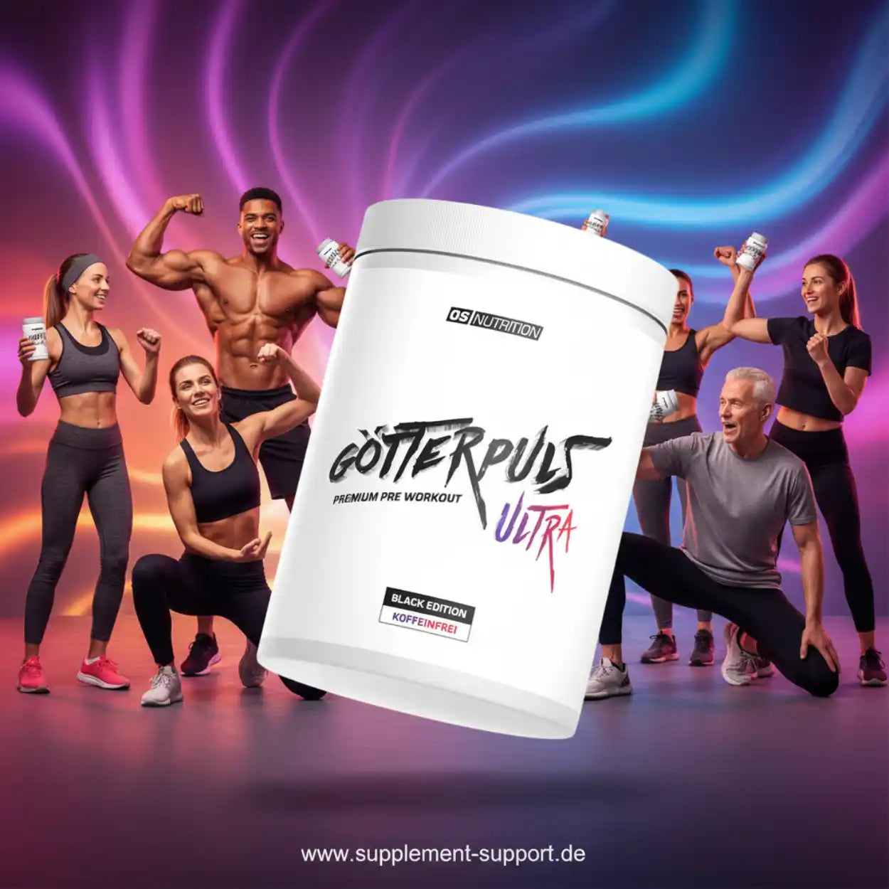 Sportler mit GÖTTERPULS Ultra Koffeinfrei Pre Workout Pulver, bunter Fitness-Hintergrund
