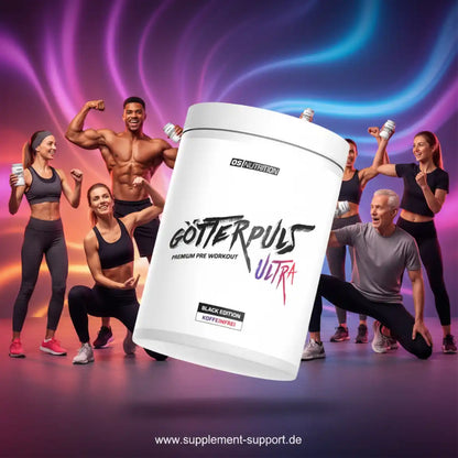 Sportler mit GÖTTERPULS Ultra Koffeinfrei Pre Workout Pulver, bunter Fitness-Hintergrund