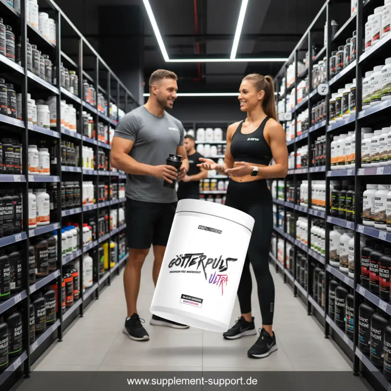 Sportliches Paar in Fitnesskleidung im Supplement-Shop mit Götterpuls Ultra Pre-Workout Dose, Regale voller Sportnahrung im Hintergrund