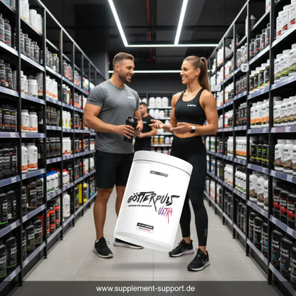 Sportliches Paar in Fitnesskleidung im Supplement-Shop mit Götterpuls Ultra Pre-Workout Dose, Regale voller Sportnahrung im Hintergrund