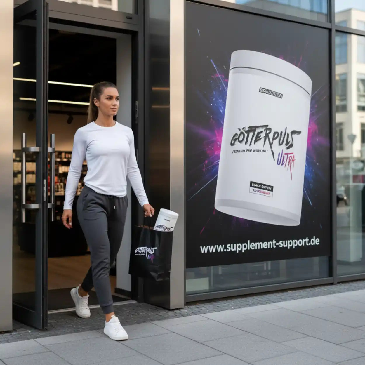 Frau verlässt Sportnahrung-Geschäft mit Götterpuls Ultra Booster Tüte, große Produktwerbung im Hintergrund