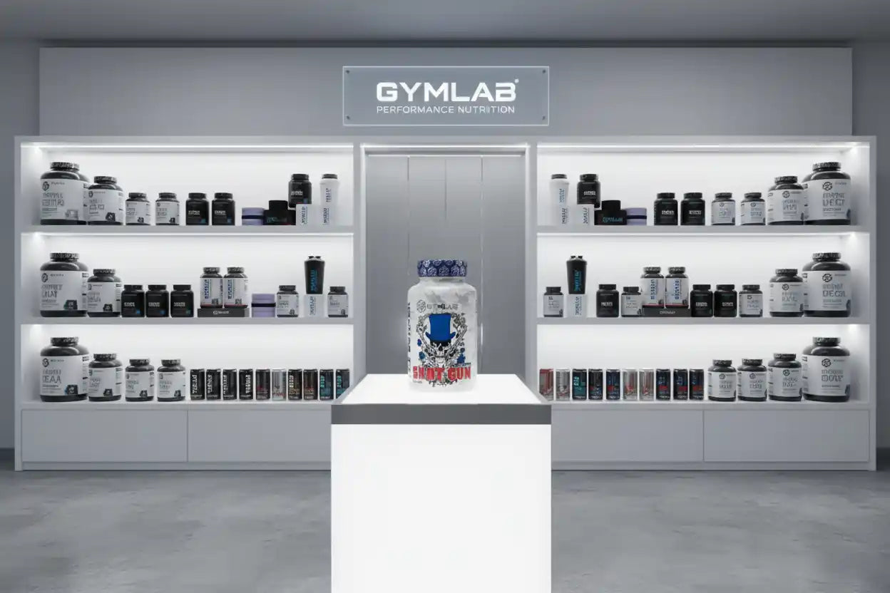 GYMLAB Performance Nutrition Produkte in moderner Auslage mit Protein- und Booster-Flaschen