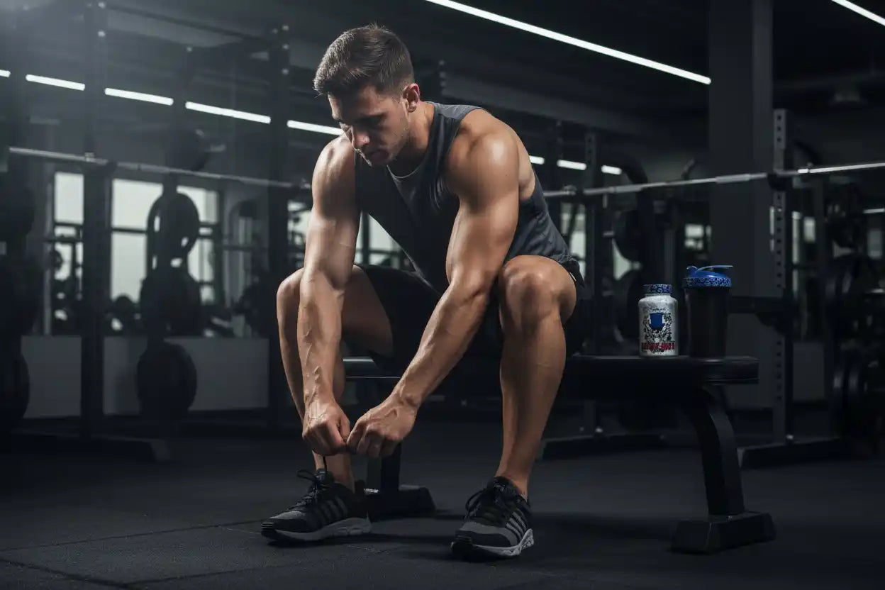 Muskulöser Mann im Fitnessstudio bindet Schuhe, Protein-Shaker daneben