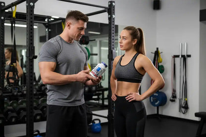 Mann und Frau im Fitnessstudio mit Proteinpulver, Sportnahrung und Trainingsausrüstung