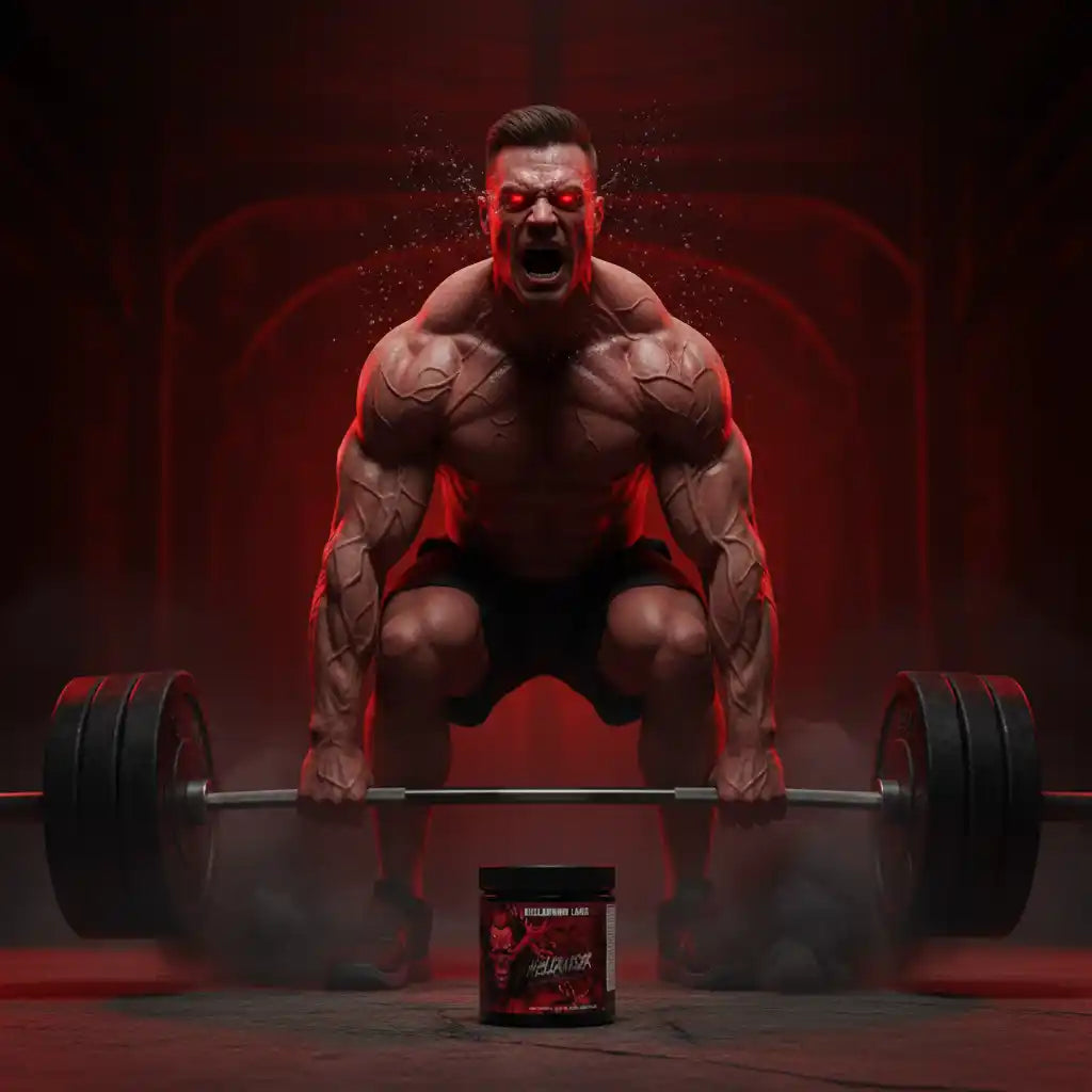 Muskulöser Athlet mit Hantel und Pre-Workout Booster für maximale Kraft und Energie