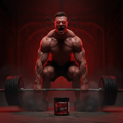 Muskulöser Athlet mit Hantel und Pre-Workout Booster für maximale Kraft und Energie