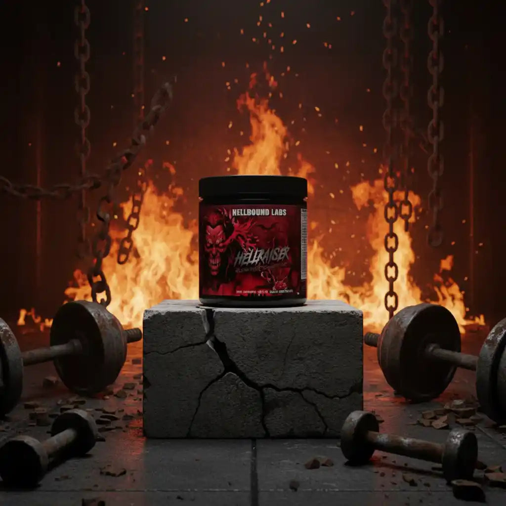 Hellbound Labs Hellraiser Pre-Workout Booster vor Feuer und Hanteln – Sportnahrung für maximale Leistung