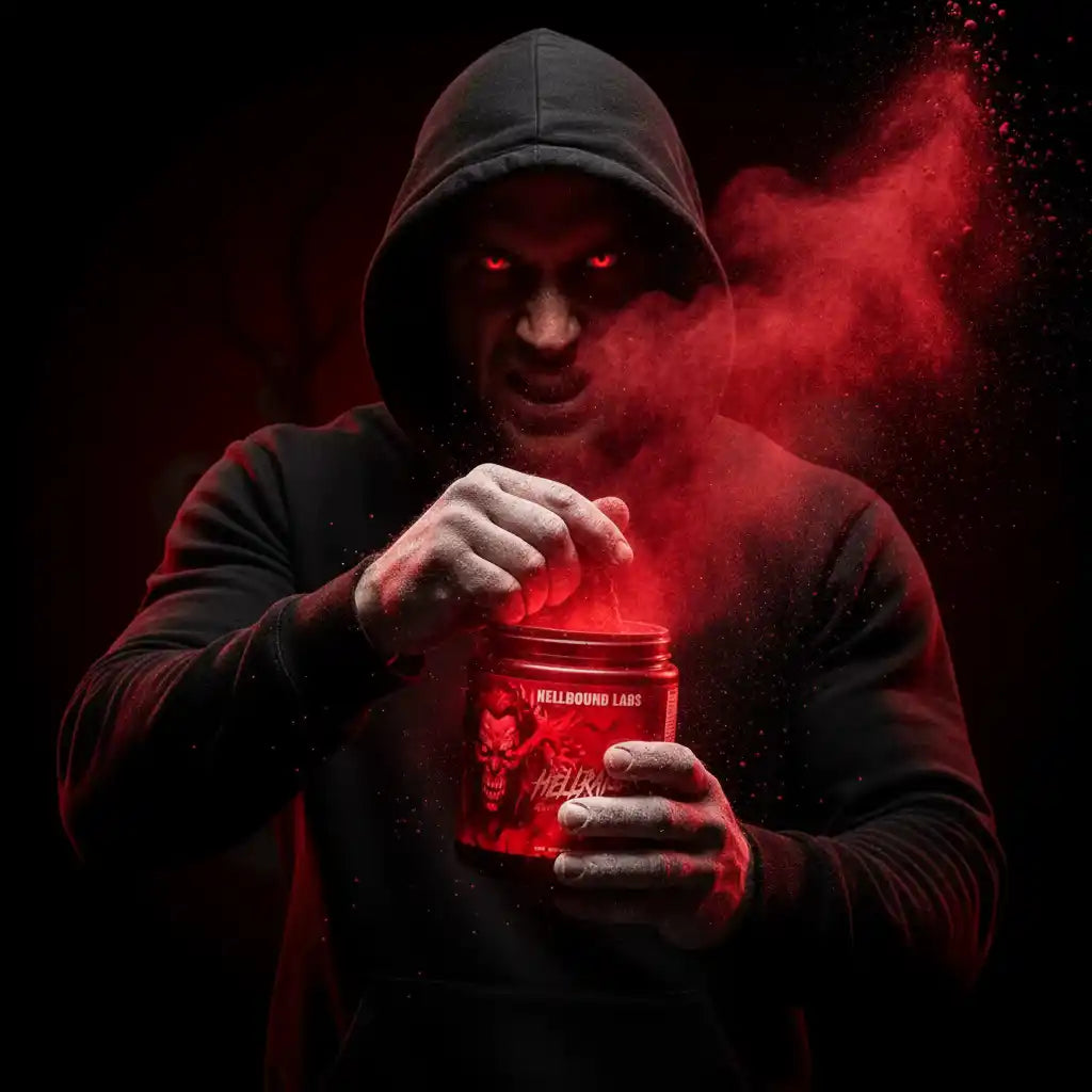 Mann mit rotem Pulver aus Nahrungsergänzungsmittel-Dose, Sportbooster für Krafttraining
