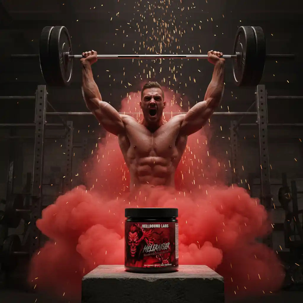 Muskulöser Athlet hebt Gewicht, vor rotem Rauch und Pre-Workout-Booster