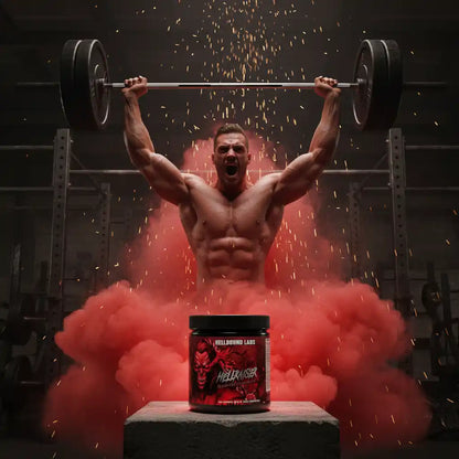 Muskulöser Athlet hebt Gewicht, vor rotem Rauch und Pre-Workout-Booster
