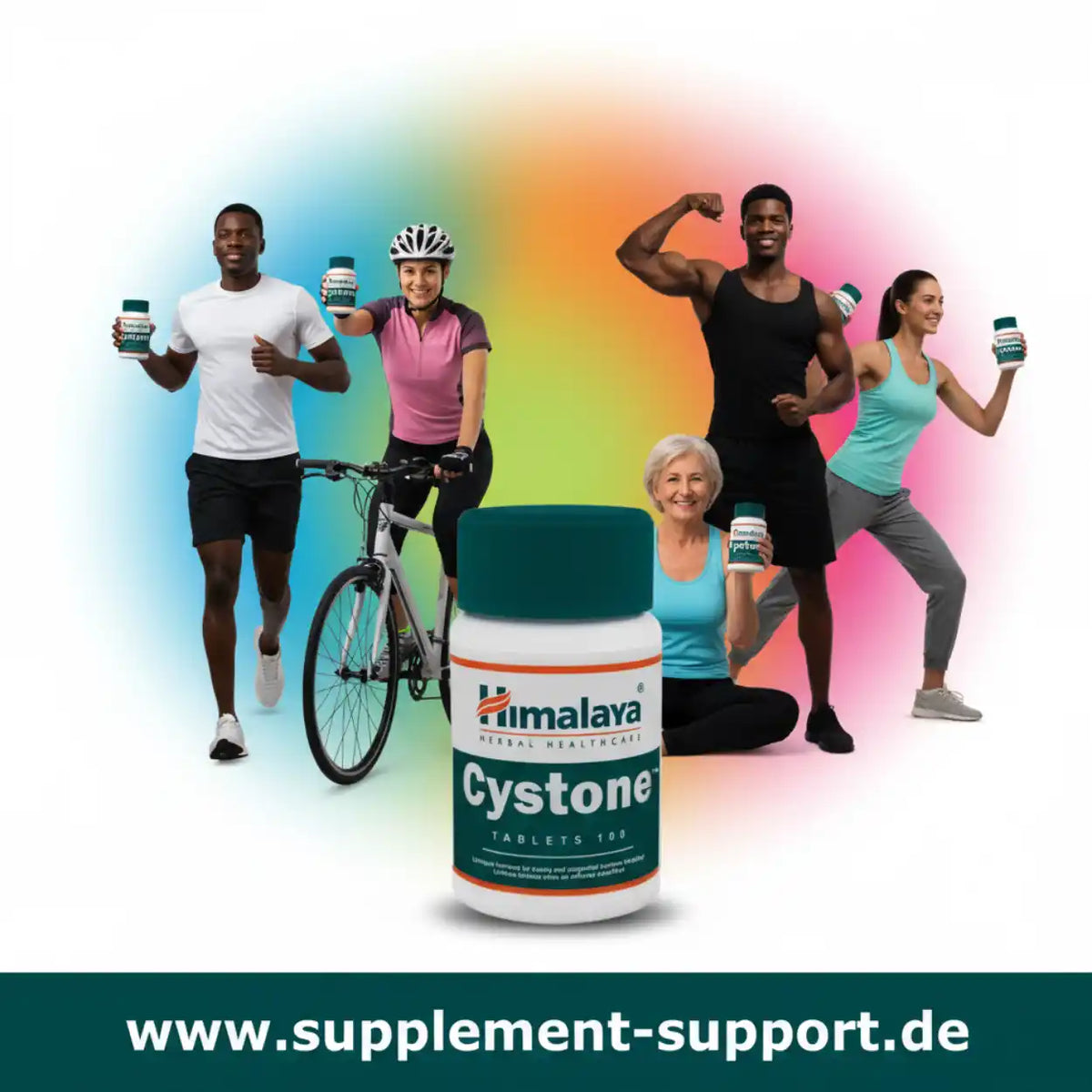 Himalaya Cystone Tabletten zur Unterstützung der Gesundheit mit sportlichen Menschen im Hintergrund