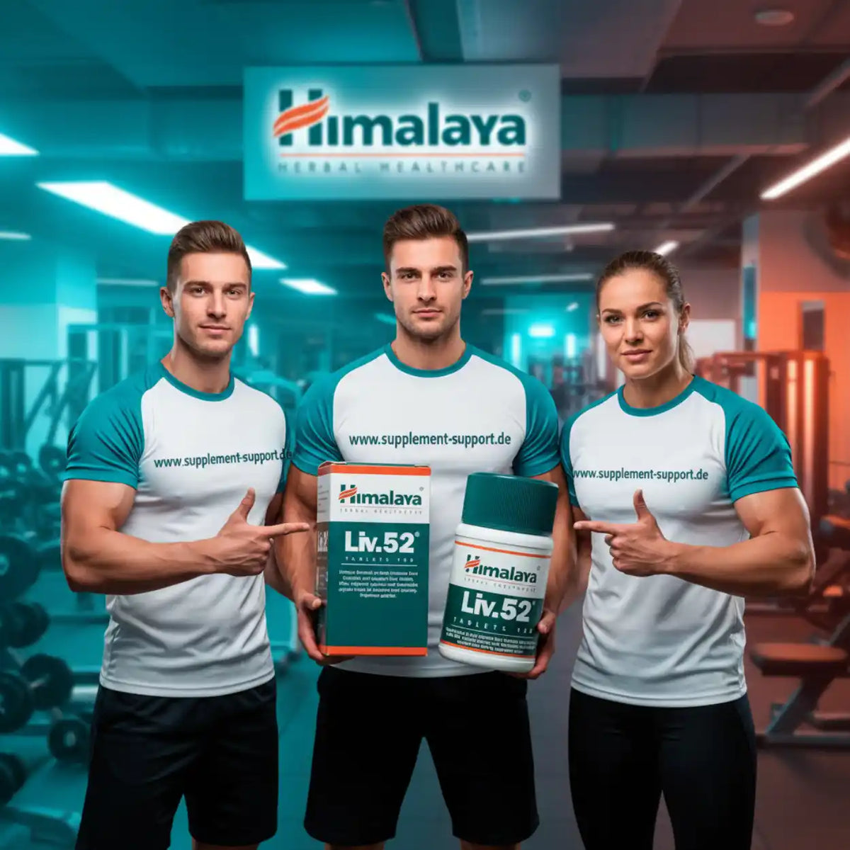 Drei Sportler im Fitnessstudio präsentieren Himalaya Liv.52 Nahrungsergänzungsmittel.