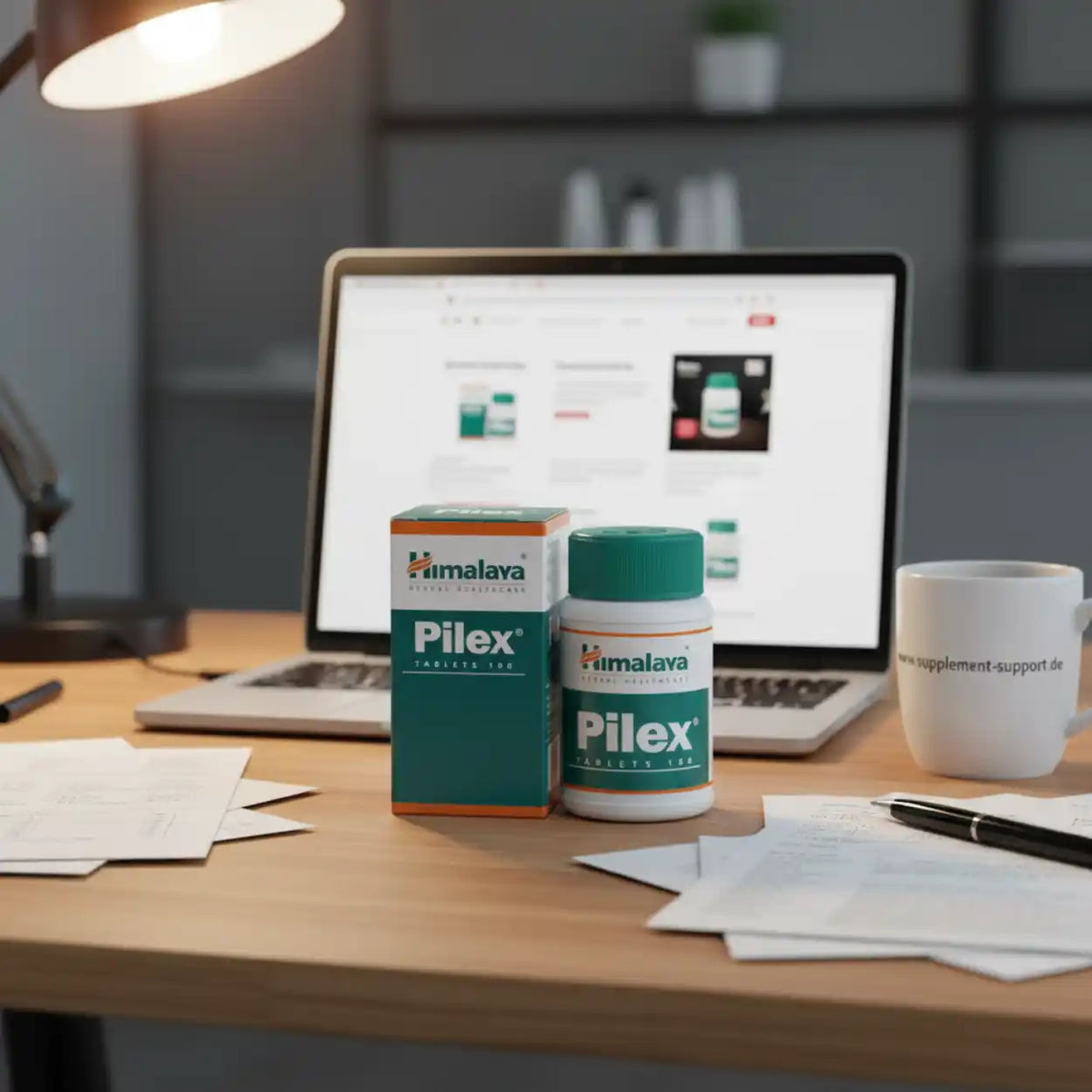 Himalaya Pilex Tabletten auf einem Schreibtisch neben einem Laptop und einer Kaffeetasse.