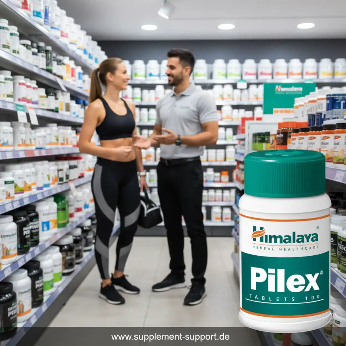 Himalaya Pilex Tabletten vor einem Paar in einem Supplement-Shop