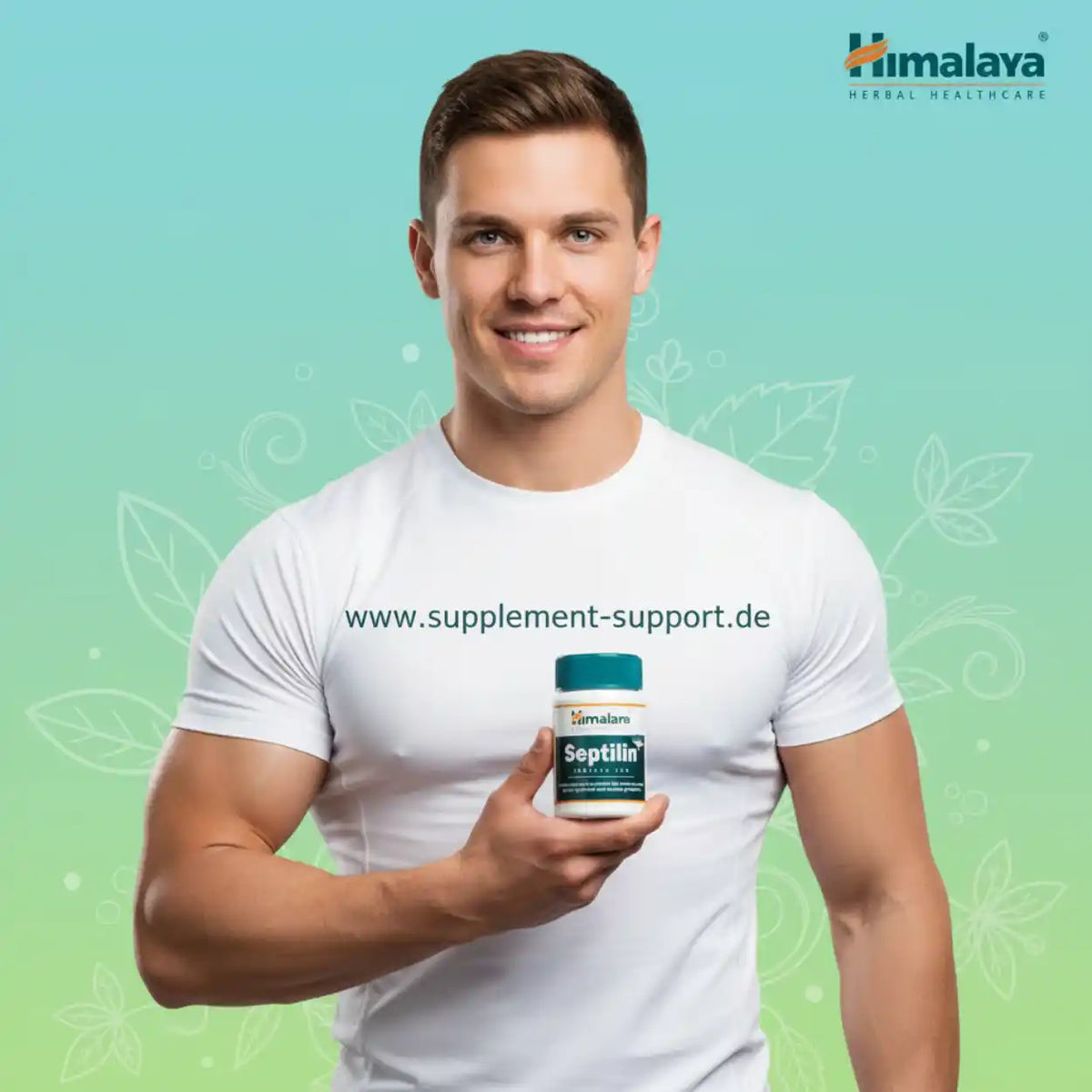 Muskulöser Mann in weißem T-Shirt hält eine Dose Himalaya Septilin Nahrungsergänzungsmittel.