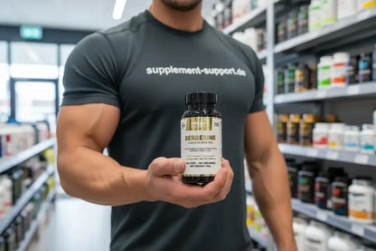 Muskulöser Mann hält Berberin-Hydrochlorid-Kapseln in Supplement-Shop