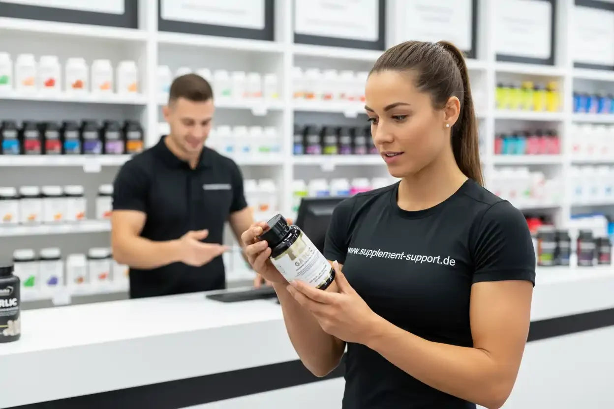 Frau prüft Nahrungsergänzungsmittel in Supplement-Shop, Protein & Vitamine