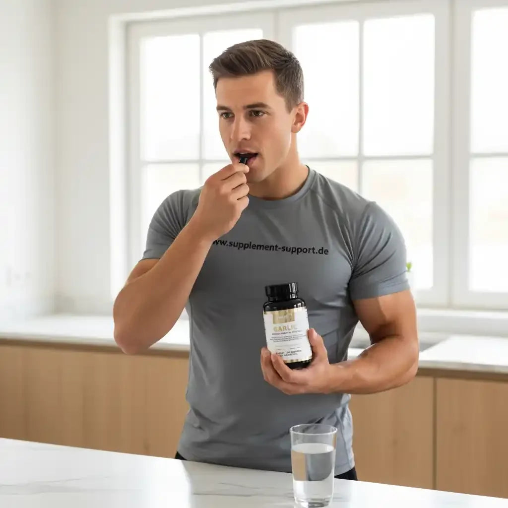 Mann nimmt Knoblauch-Kapsel ein, hält Nahrungsergänzungsmittel-Flasche, ideal für Sport und Gesundheit
