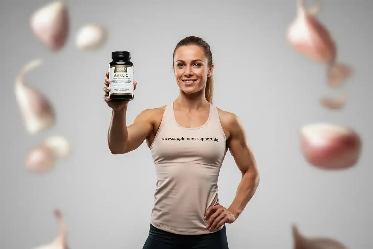 Frau hält Knoblauch-Kapseln Nahrungsergänzungsmittel, ideal für Sportler und Gesundheit